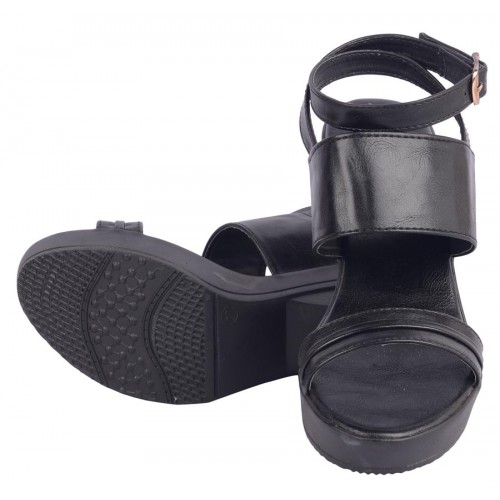 Estatos Synthetic Leather Buckle         Closure Twin Strap Black Block Heel Sandals